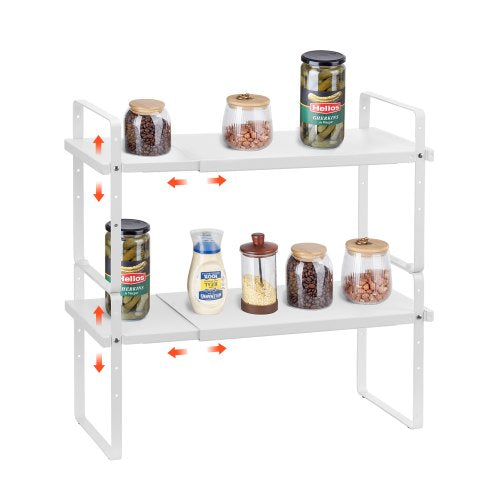 Adjustable Kitchen Cabinet Shelf Organizer, Expandable 2 Tier Cabinet Shelf, Stackable Countertop Organizers and Storage Shelf Risers, Pantry Organizers for Kitchen Bathroom Office, White