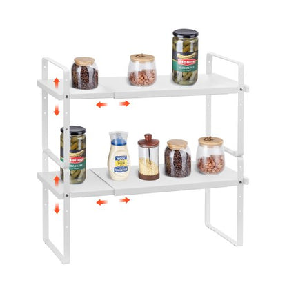 Adjustable Kitchen Cabinet Shelf Organizer, Expandable 2 Tier Cabinet Shelf, Stackable Countertop Organizers and Storage Shelf Risers, Pantry Organizers for Kitchen Bathroom Office, White