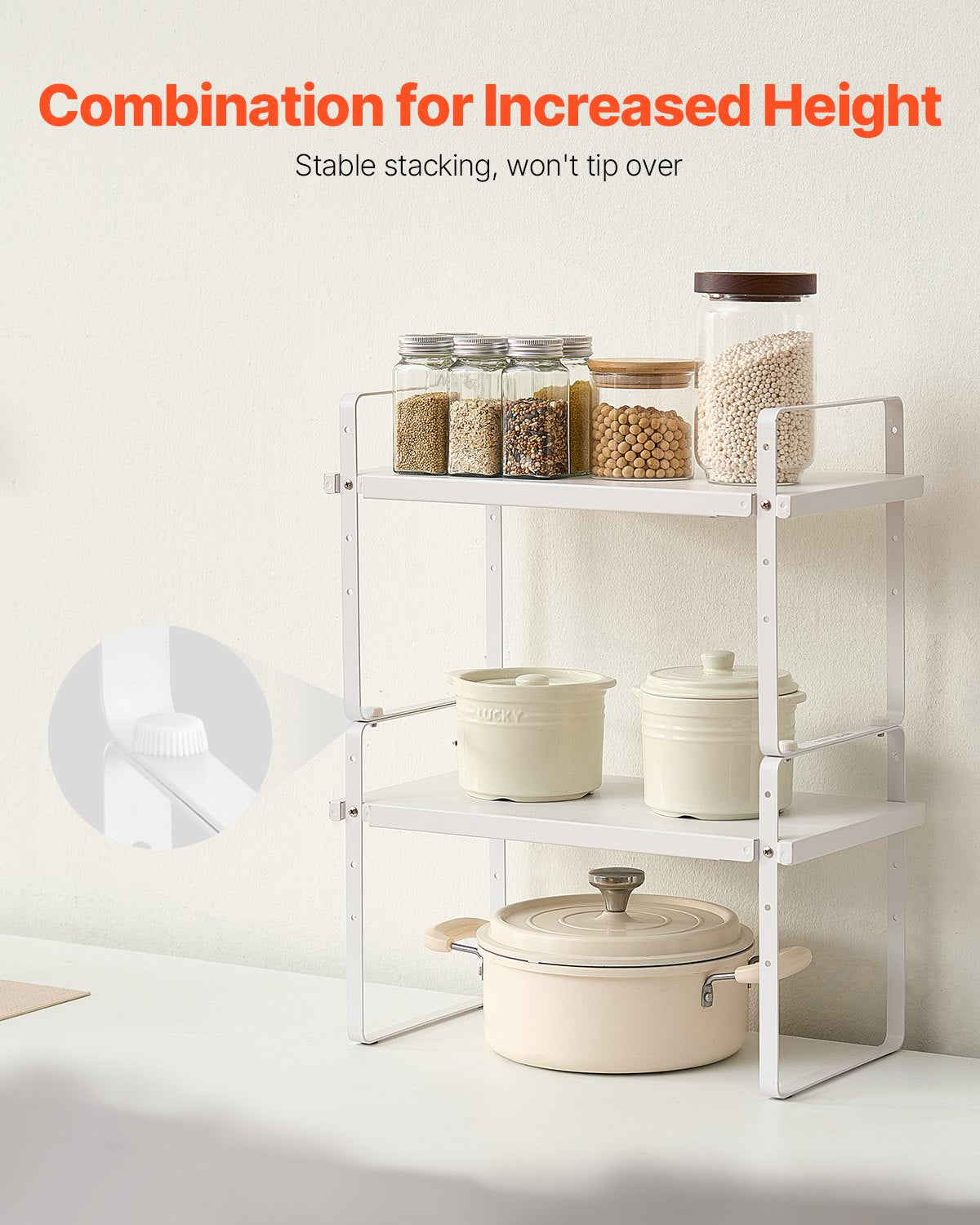Adjustable Kitchen Cabinet Shelf Organizer, Expandable 2 Tier Cabinet Shelf, Stackable Countertop Organizers and Storage Shelf Risers, Pantry Organizers for Kitchen Bathroom Office, White