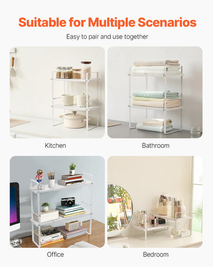 Justerbar köksskåpshylla, Expanderbar skåphylla i 2 nivåer, Stapelbara bänkskåpsorganisatörer och förvaringshyllor, Skafferiorganisatörer för kök, badrum, kontor, vit
