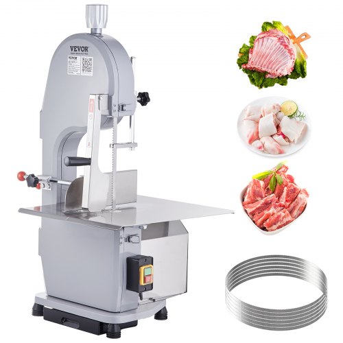 Commercial Electric Meat Bandsaw, 1100W Stainless Steel Countertop Bone Sawing Machine, Workbeach 19.3" x 15", 0.16-7.9 Inch Cutting Thickness, Frozen Meat Cutter with 5 Blades for Rib Pork Beef