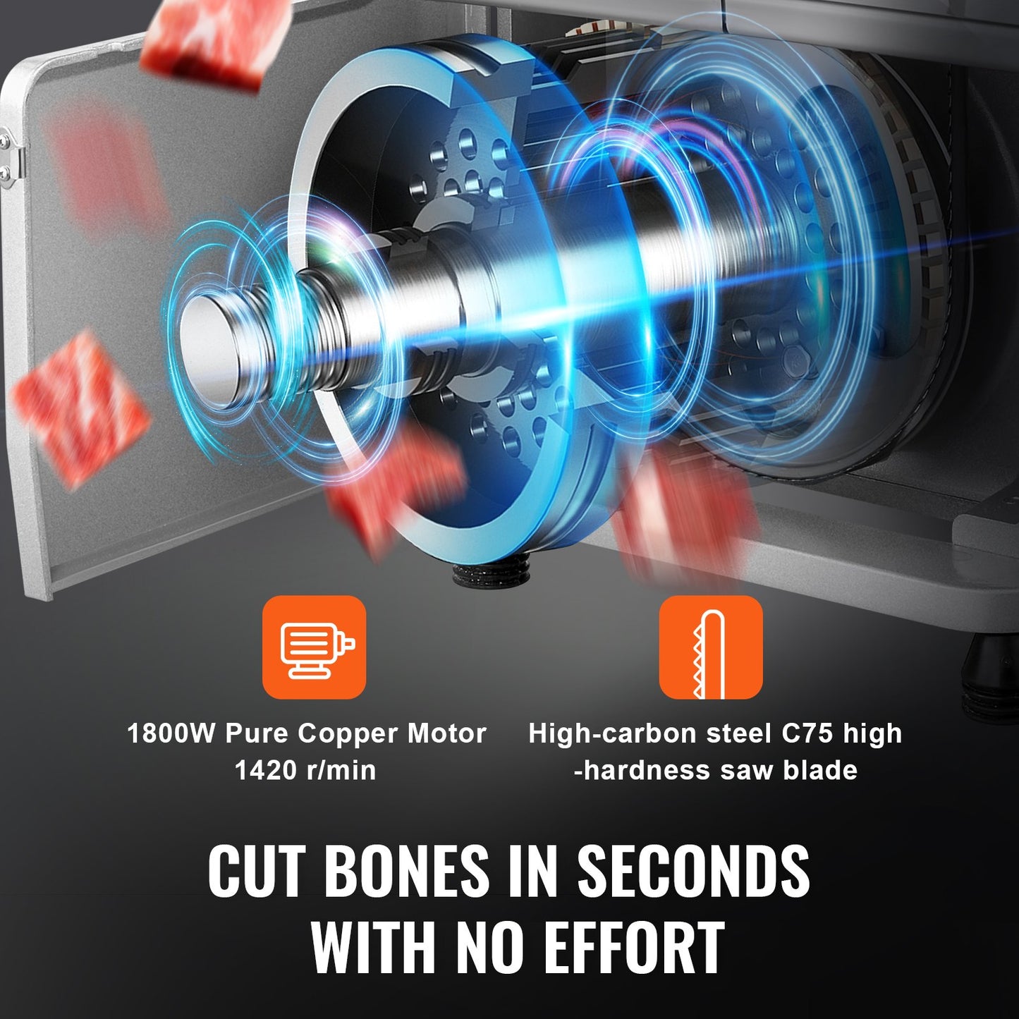 Commercial Electric Meat Bandsaw, 1800W Stainless Steel Countertop Bone Sawing Machine, Workbeach 15" x 19.1", 7.09 Inch Max Cutting Thickness, Frozen Meat Cutter with 5 Blades for Rib Pork Beef