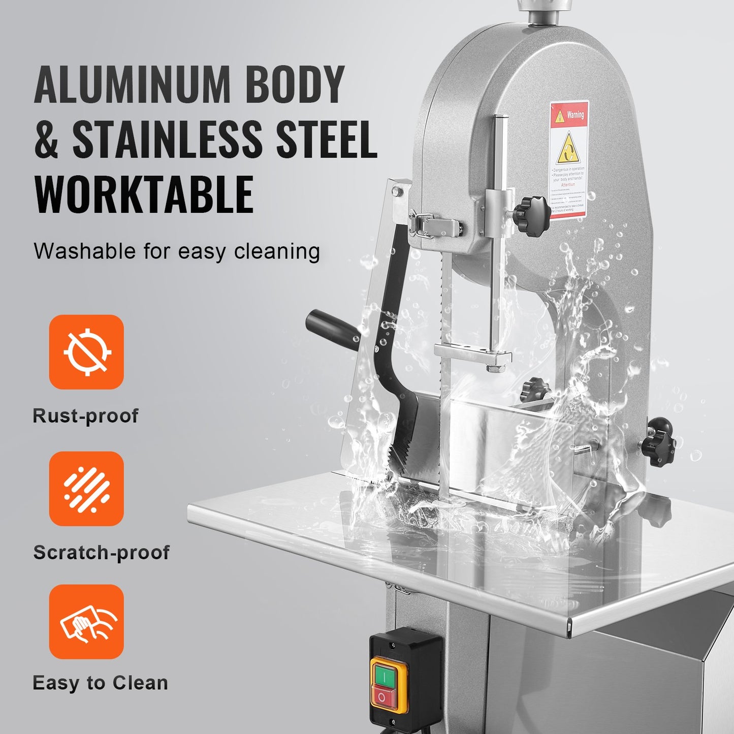 Commercial Electric Meat Bandsaw, 1800W Stainless Steel Countertop Bone Sawing Machine, Workbeach 15" x 19.1", 7.09 Inch Max Cutting Thickness, Frozen Meat Cutter with 5 Blades for Rib Pork Beef