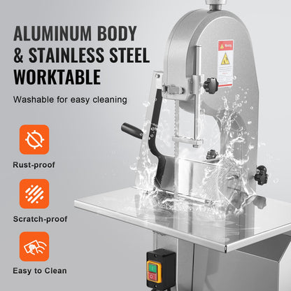 Commercial Electric Meat Bandsaw, 1800W Stainless Steel Countertop Bone Sawing Machine, Workbeach 15" x 19.1", 7.09 Inch Max Cutting Thickness, Frozen Meat Cutter with 5 Blades for Rib Pork Beef
