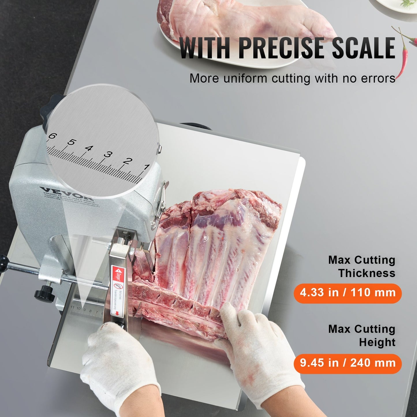 Commercial Electric Meat Bandsaw, 650W Stainless Steel Countertop Meat Sawing Machine, Workbench 315 x 460 mm, 110 mm Max Cutting Thickness, Frozen Fish Cutter for Rib Pork Beef