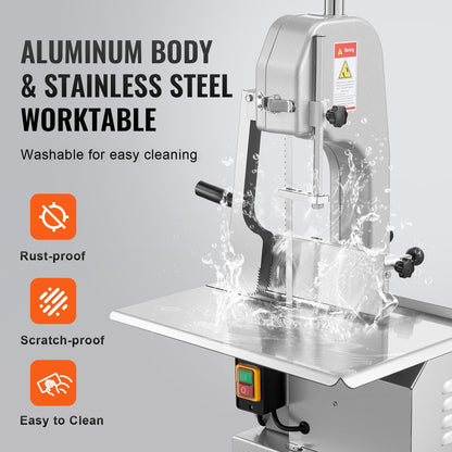 Commercial Electric Meat Bandsaw, 650W Stainless Steel Countertop Meat Sawing Machine, Workbench 315 x 460 mm, 110 mm Max Cutting Thickness, Frozen Fish Cutter for Rib Pork Beef
