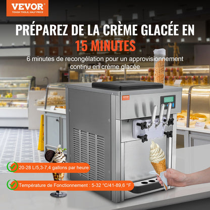 Kommersiell glassmaskin, 21 qt/h kapacitet, 1800W mjukglassmaskin med 3 smaker för bänkskiva, 2 x 4 l trattar, 2 x 1,8 l cylinder, LCD-panel med automatisk rengöring och förkylning, för restaurang, snackbar