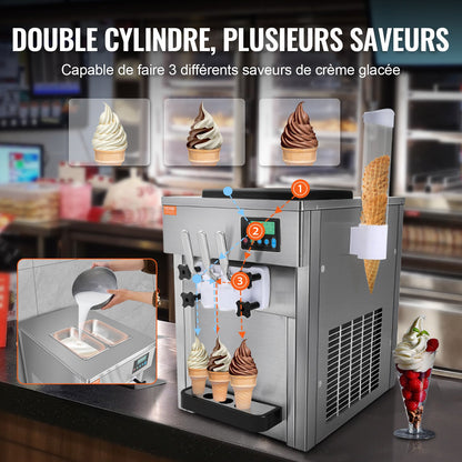 Kommersiell glassmaskin, 21 qt/h kapacitet, 1800W mjukglassmaskin med 3 smaker för bänkskiva, 2 x 4 l trattar, 2 x 1,8 l cylinder, LCD-panel med automatisk rengöring och förkylning, för restaurang, snackbar