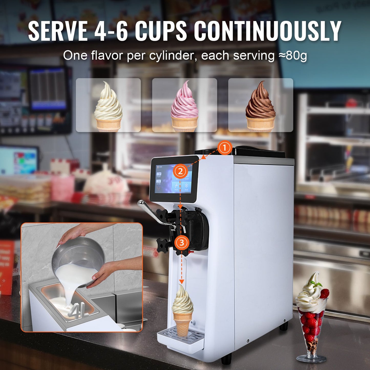 Commercial Ice Cream Machine, 10L/H Yield, 900W Single Flavor Countertop Soft Serve Ice Cream Maker, 4L Hopper 1.6L Cylinder, Touch Screen Auto Clean Pre-cooling, for Restaurant Snack Bar