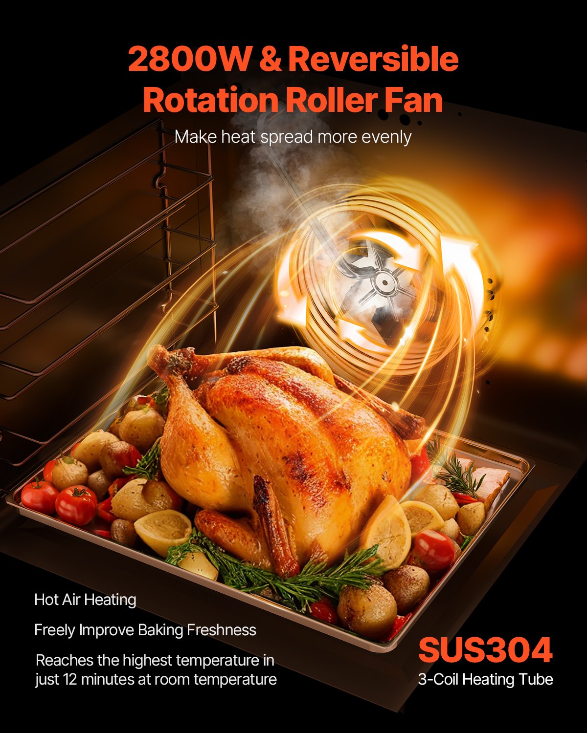 Commercial Convection Oven, 58L Conventional Oven Countertop, 2800W 4-Tier Toaster Oven with Tempered Glass Door, Wire Racks Clip Tray Gloves, Stainless Steel Electric Baking Oven for Restaurant