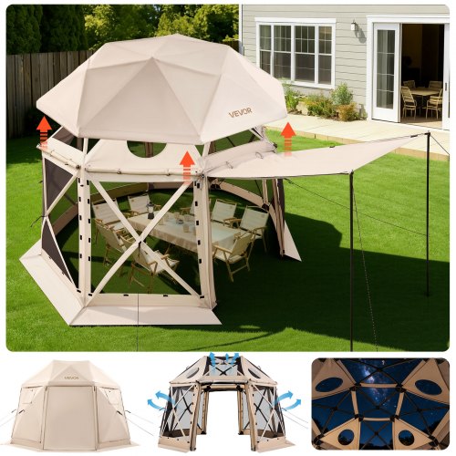 Pop up Gazebo Screen Tent, 3.6x3.6 m, 13-Sided Spherical Camping Canopy Tent with Removable Top & Carry Bag, Quick-Set & Bite-Proof, Screen House Sun Shelter for 8-10 Persons, Beige