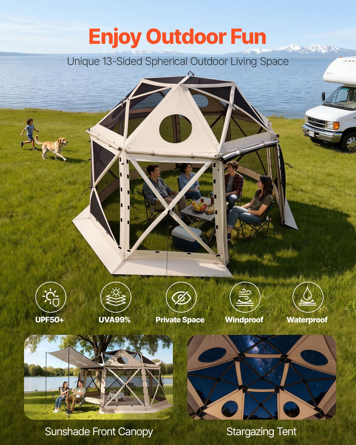 Pop up Gazebo Screen Tent, 3.6x3.6 m, 13-Sided Spherical Camping Canopy Tent with Removable Top & Carry Bag, Quick-Set & Bite-Proof, Screen House Sun Shelter for 8-10 Persons, Beige