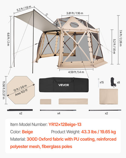 Pop up Gazebo Screen Tent, 3.6x3.6 m, 13-Sided Spherical Camping Canopy Tent with Removable Top & Carry Bag, Quick-Set & Bite-Proof, Screen House Sun Shelter for 8-10 Persons, Beige