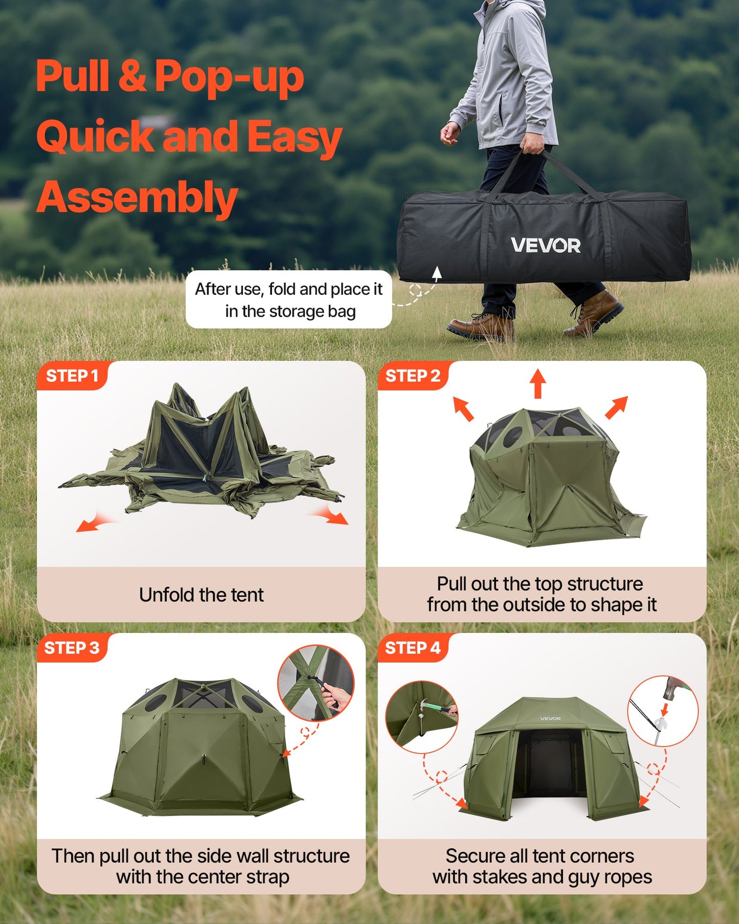 Pop up Gazebo Screen Tent, 3.96 x 3.96 m, 13-Sided Spherical Camping Canopy Tent with Removable Top & Carry Bag, Quick-Set & Bite-Proof, Screen House Sun Shelter for 10-12 Persons, Green
