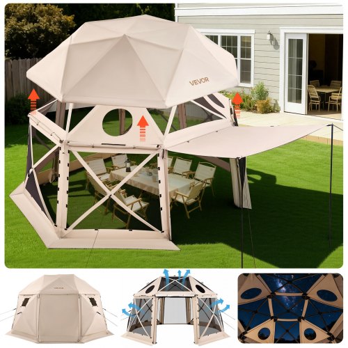 Pop up Gazebo Screen Tent, 4.57 x 4.57 m, 13-Sided Spherical Camping Canopy Tent with Removable Top & Carry Bag, Quick-Set & Bite-Proof, Screen House Sun Shelter for 12-15 Persons, Beige