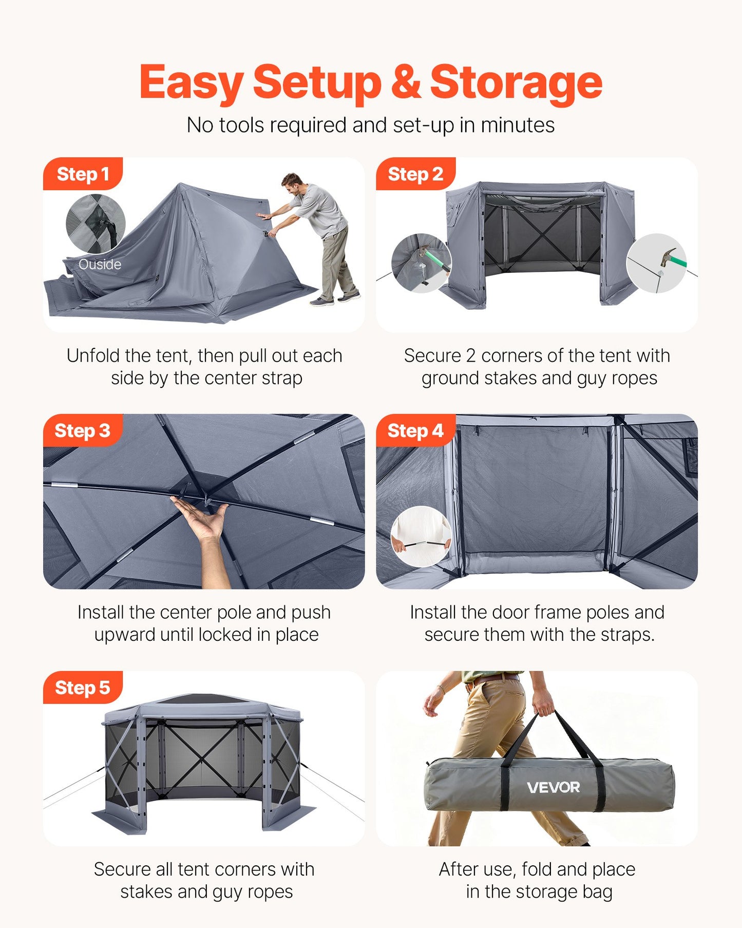 Pop up Gazebo Screen Tent, 3.6 x 3.6 m Large 6-Sided Camping Canopy Tent with Removable Top & Carry Bag, Quick-Set & Bite-Proof, Screen House Sun Shelter for 8-10 Persons Backyard Patio, Grey