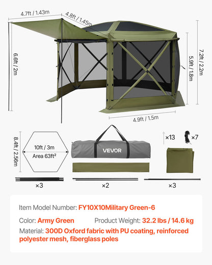 Pop up Gazebo Screen Tent, 3x3 m Large 6-Sided Camping Canopy Tent with Removable Top & Carry Bag, Quick-Set & Bite-Proof, Screen House Sun Shelter for 6-8 Persons Backyard Patio, Green