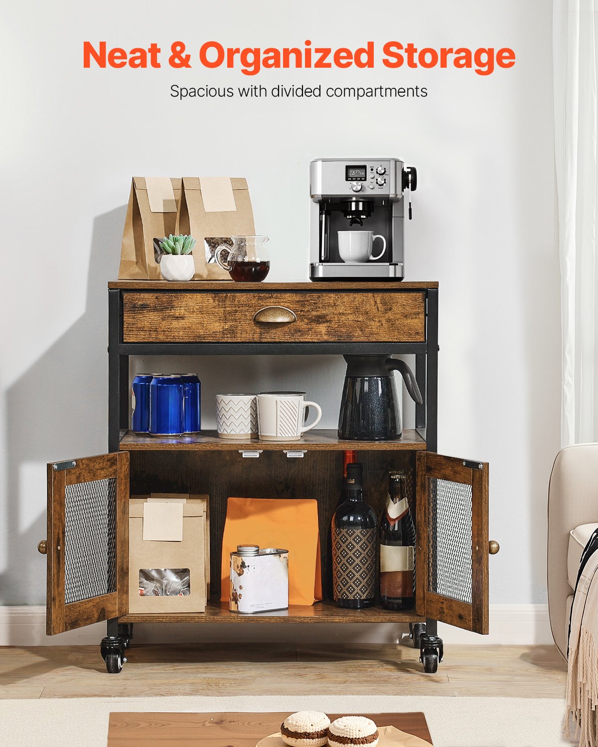 Coffee Bar Cabinet, 24.1 x 14.2 x 27.8 in Farmhouse Coffee Bar Cabinet with 4-Tier Storage, Movable Coffee Bar Table with Wheels & Mesh Door, Sideboard Buffet Cabinet for Kitchen, Entryway