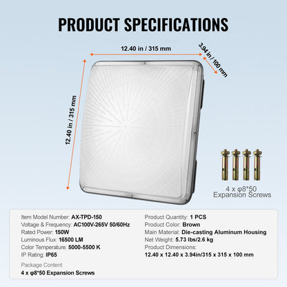 LED-takbelysning, 150W, 16500LM 5000K dagsljus Kommersiell industriell utomhustakbelysning, 315mm x 315mm utanpåliggande takbelysning för bensinmack, lager, garage, gatubutik, hotell, IP65