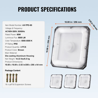 4-pack LED-taklampor, 80W, 8800LM 5000K dagsljus kommersiella industriella utomhustaklampor, 256mm x 256mm ytmonterad takbelysning för bensinmack, lager, garage, gatubutik, IP65