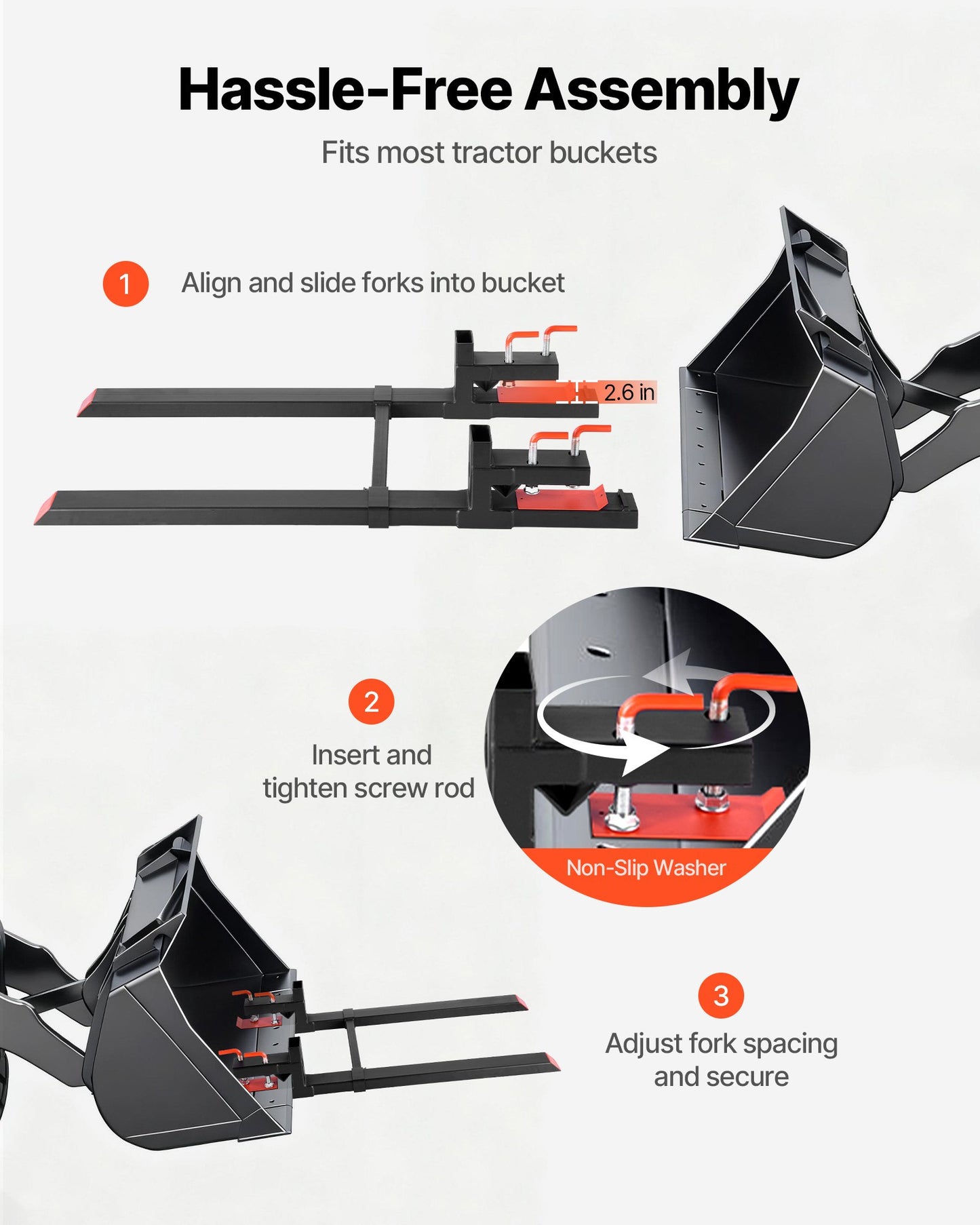Pallet Forks, 1814 kg Clamp on Pallet Forks, 149 cm Total Length Heavy-Duty Tractor Fork with Adjustable Stabilizer Bar for Tractor Attachments, Loader Bucket, and Skid Steer, Black