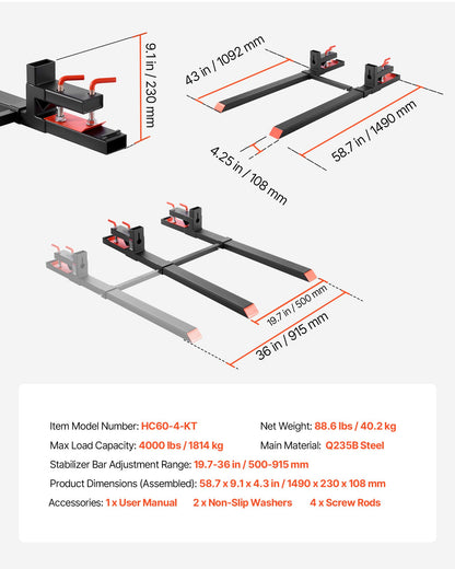 Pallet Forks, 1814 kg Clamp on Pallet Forks, 149 cm Total Length Heavy-Duty Tractor Fork with Adjustable Stabilizer Bar for Tractor Attachments, Loader Bucket, and Skid Steer, Black