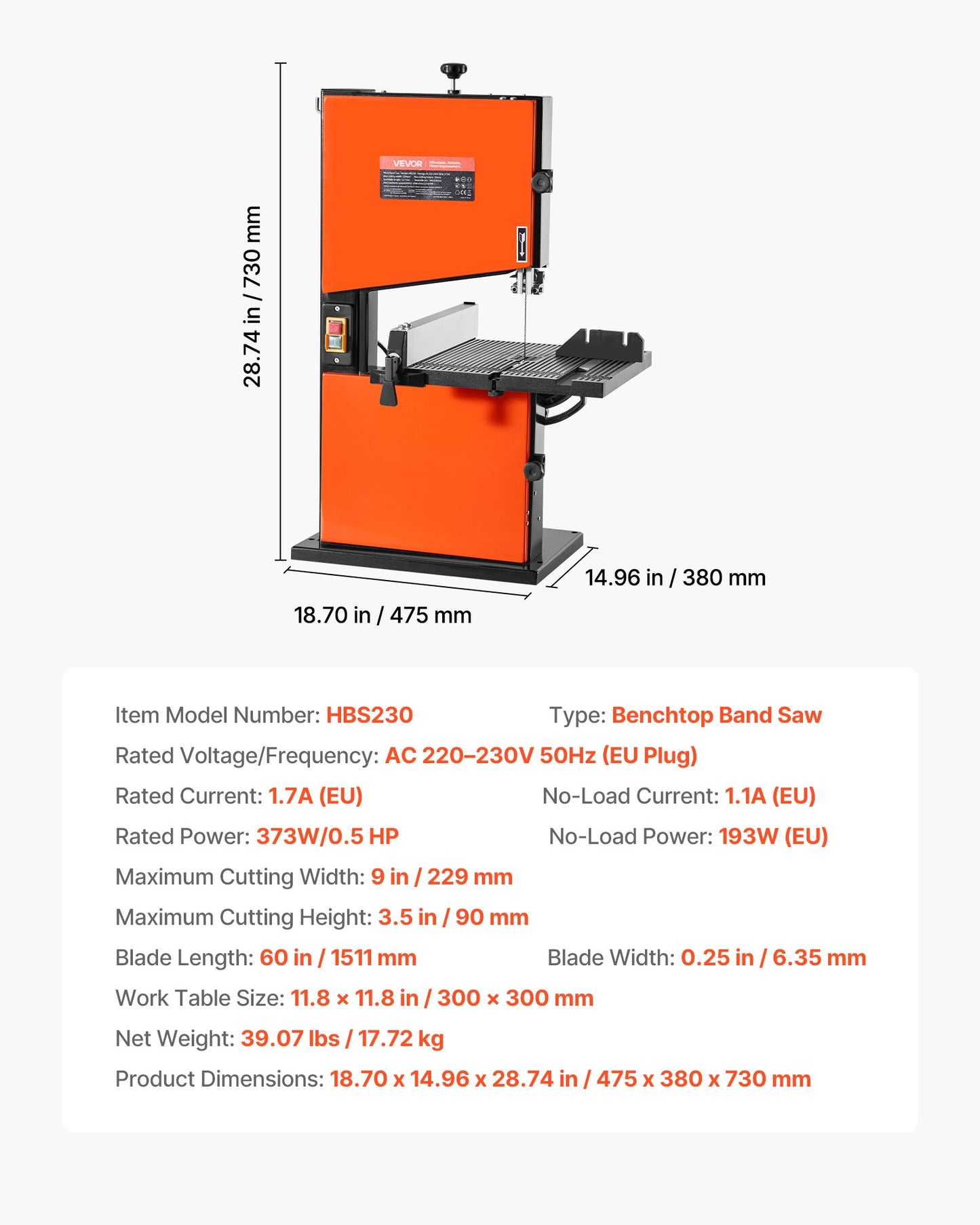 Band Saw, 229 mm, Woodworking Benchtop Bandsaw with 373W 1/2 HP Motor, 90 mm Max Cutting Height, 300 x 300 mm Cast Aluminum Table, 0-45° Tilting Range, with Miter Gauge, Fence, for Woodworking