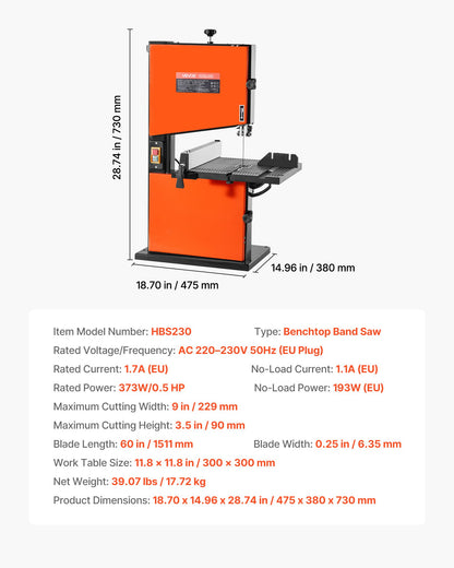 Band Saw, 229 mm, Woodworking Benchtop Bandsaw with 373W 1/2 HP Motor, 90 mm Max Cutting Height, 300 x 300 mm Cast Aluminum Table, 0-45° Tilting Range, with Miter Gauge, Fence, for Woodworking