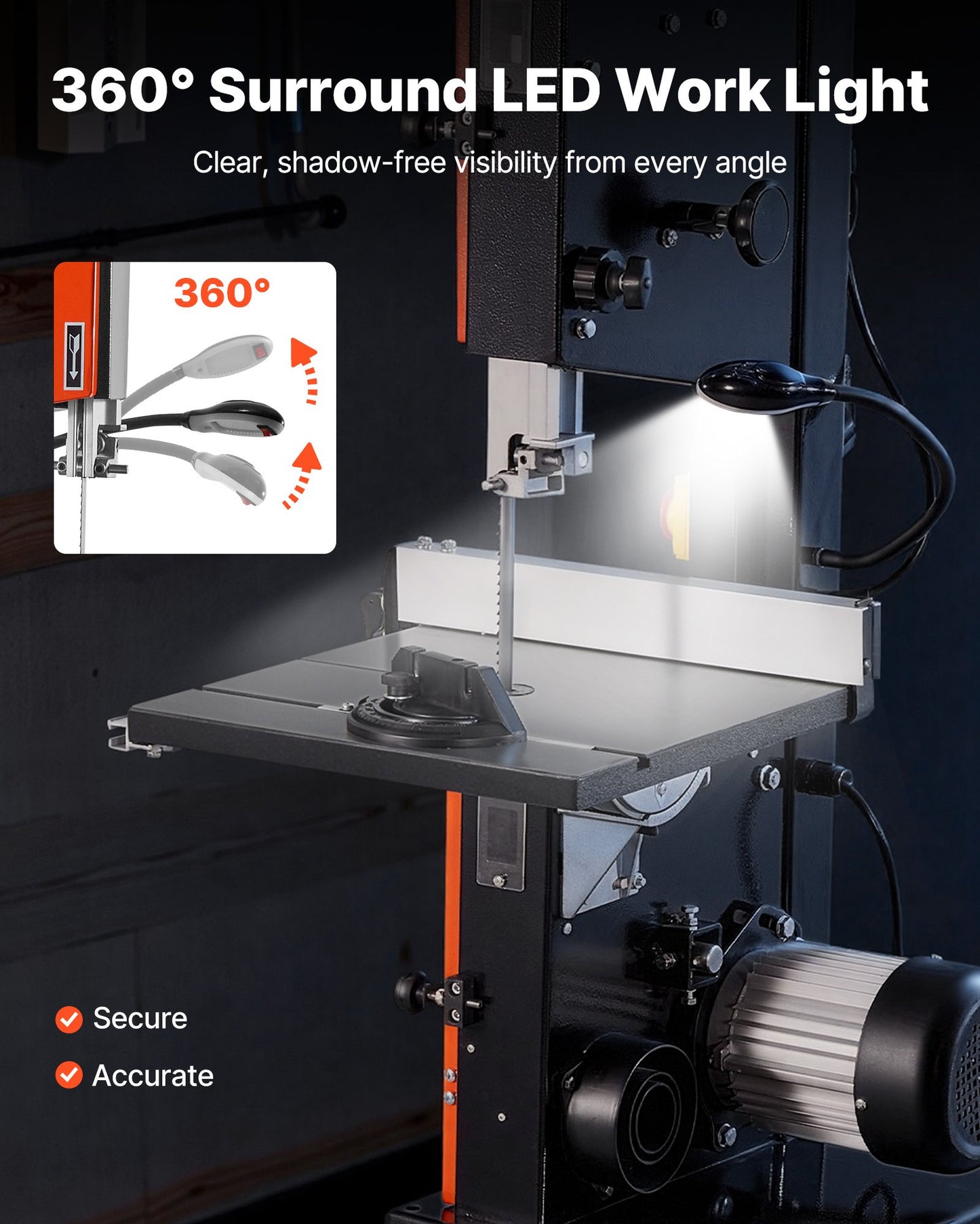 Band Saw, 254 mm, Two-Speed Benchtop Bandsaw with 373W 1/2 HP Motor, 160 mm Max Cutting Height, 335 x 340 mm Cast Iron Table, with 360° Work Light, Miter Gauge, Fence, Band Saw for Woodworking