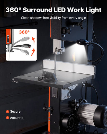 Band Saw, 254 mm, Two-Speed Benchtop Bandsaw with 373W 1/2 HP Motor, 160 mm Max Cutting Height, 335 x 340 mm Cast Iron Table, with 360° Work Light, Miter Gauge, Fence, Band Saw for Woodworking