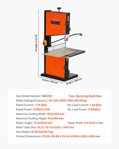 Band Saw, 254 mm, Two-Speed Benchtop Bandsaw with 373W 1/2 HP Motor, 160 mm Max Cutting Height, 335 x 340 mm Cast Iron Table, with 360° Work Light, Miter Gauge, Fence, Band Saw for Woodworking