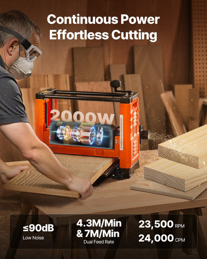 Thickness Planer, Two Speed, 330 mm Width Worktable Power Benchtop Planer, Three-Blade, 2000W 23500 RPM Powerful Motor, Dual Rollers, Over Protection, Woodworking for Hard & Soft Wood Material