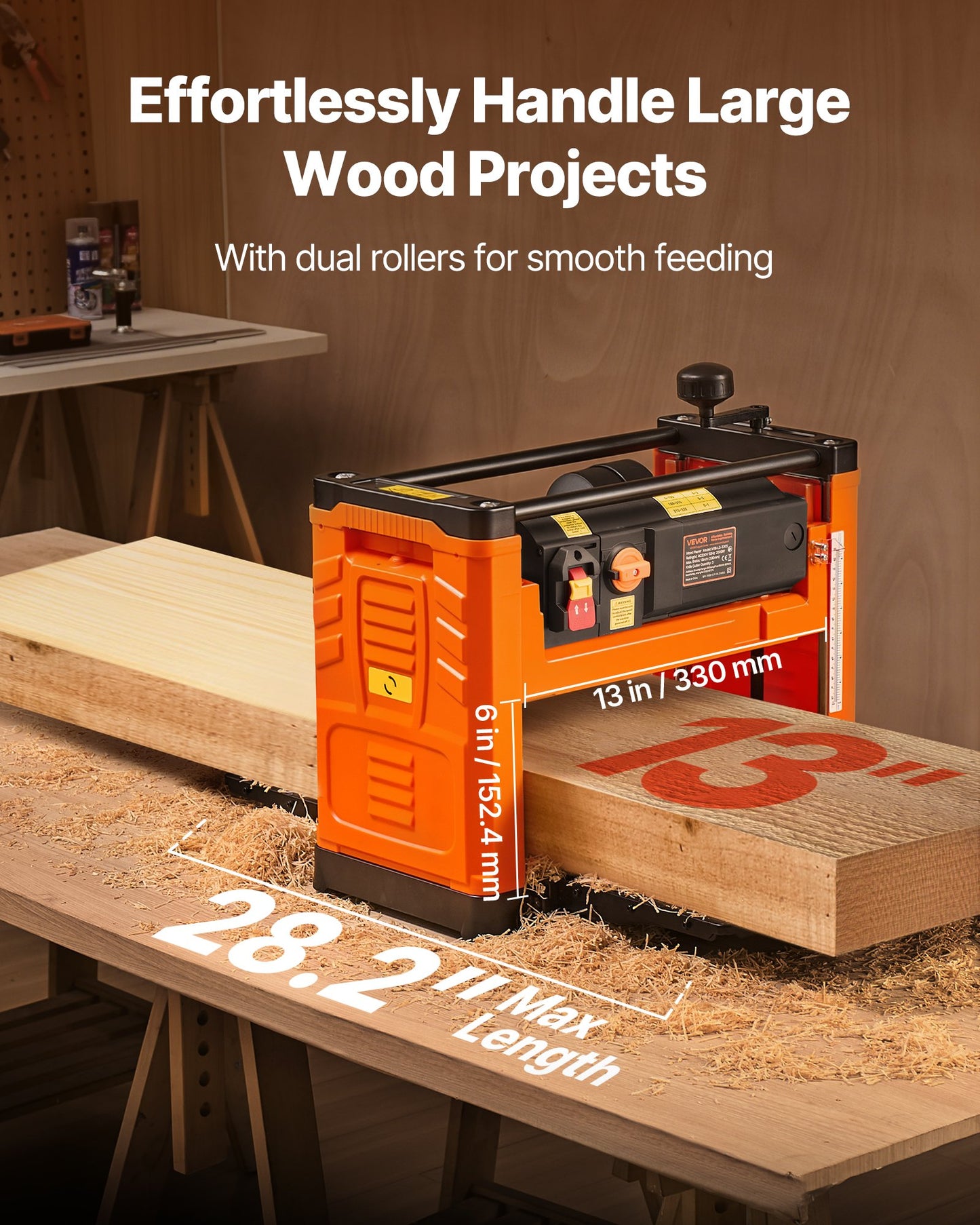 Thickness Planer, Two Speed, 330 mm Width Worktable Power Benchtop Planer, Three-Blade, 2000W 23500 RPM Powerful Motor, Dual Rollers, Over Protection, Woodworking for Hard & Soft Wood Material