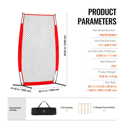 I-skärm för baseboll för slagbur, 7x4 fot baseboll- och softbollsäkerhetsskärm, bärbar slagskärm för kroppsskydd med bärväska och markpinnar, basebollkastnät för skydd av kastare