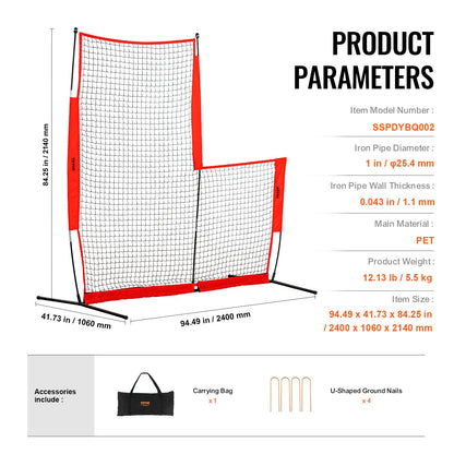 L-skärm baseboll för slagbur, 7x7 fot baseboll- och softbollsäkerhetsskärm, bärbar slagskärm för kroppsskydd med bärväska och markpinnar, basebollkastnät för skydd av kastare