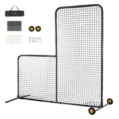 L Screen Baseball for Batting Cage, 7x7 ft Softball Safety Screen, Body Protector Portable Batting Screen with Carry Bag, Wheels, Ground Stakes, Heavy Duty Pitching Net for Pitchers Protection