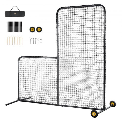 L Screen Baseball for Batting Cage, 7x7 ft Softball Safety Screen, Body Protector Portable Batting Screen with Carry Bag, Wheels, Ground Stakes, Heavy Duty Pitching Net for Pitchers Protection