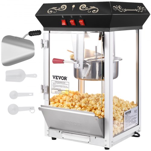 Popcornmaskin, 850W popcornmaskin, 225 ml vattenkokare ger 48 koppar per sats, popcornmaskin för bänkskiva med härdat glas, inkluderar 4 skopor, biostil, svart
