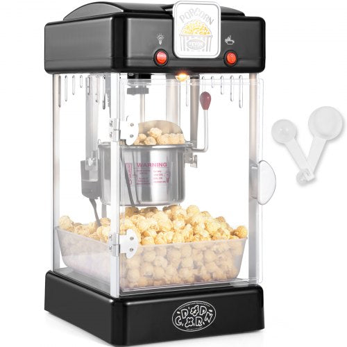 Popcornmaskin, 300W popcornmaskin, 2,5 oz vattenkokare ger 4 qt per sats, bordspopcornmaskin med PP-dörr, inkluderar 2 skopor och bricka, biostil, svart
