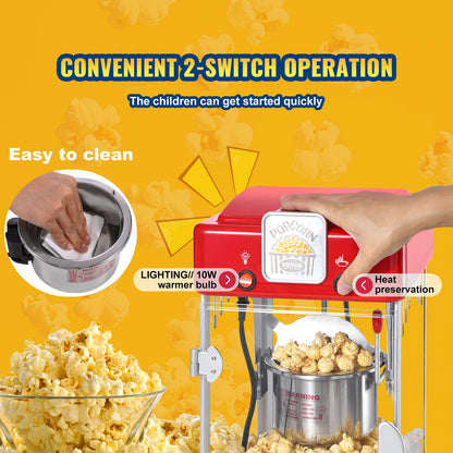 Popcorn Maker, 300W Popcorn Popper Machine, 2.5 Oz Kettle Makes 4 QT per Batch, Tabletop Popcorn Maker with PP Door, Includes 2 Scoops and Tray, Movie Theater Style, Red