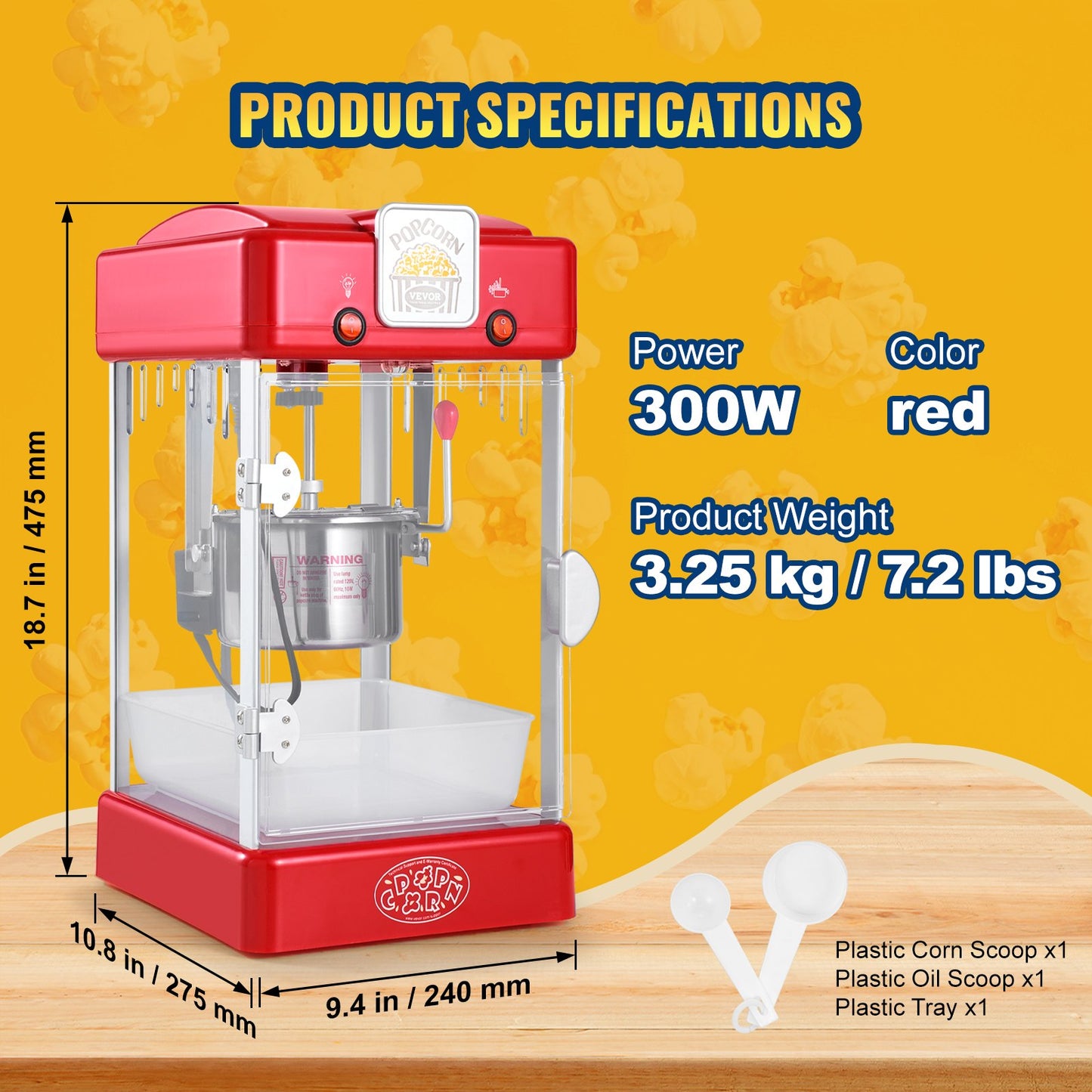 Popcorn Maker, 300W Popcorn Popper Machine, 2.5 Oz Kettle Makes 4 QT per Batch, Tabletop Popcorn Maker with PP Door, Includes 2 Scoops and Tray, Movie Theater Style, Red