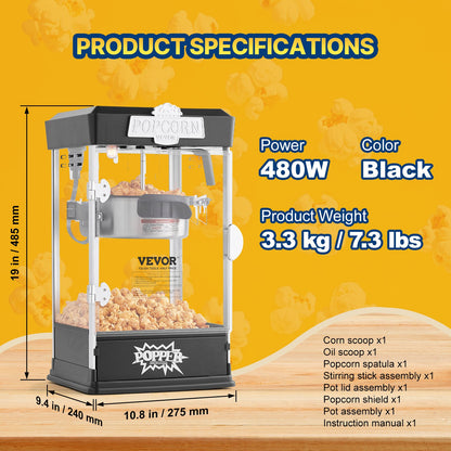 Popcorn Maker, 480W Popcorn Popper Machine, 4 Oz Kettle Makes 1.5 Gallon per Batch, Tabletop Popcorn Maker, Includes 3 Scoops, Movie Theater Style, Black