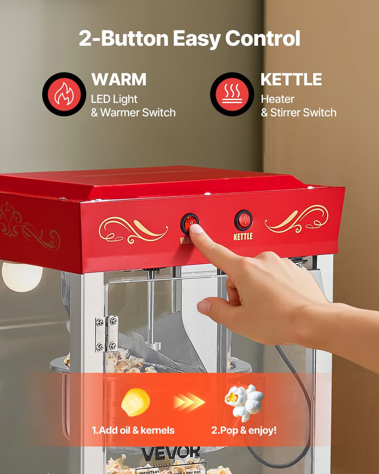 Popcornmaskin, 0,2 kg vattenkokare i rostfritt stål, 800 W popcornmaskin för kommersiell bänkskiva, 48 koppar per sats, popper i teaterstil, med 2-knappskontroll, glasvägg, PC-dörr, 1 skopa, 3 skedar, röd