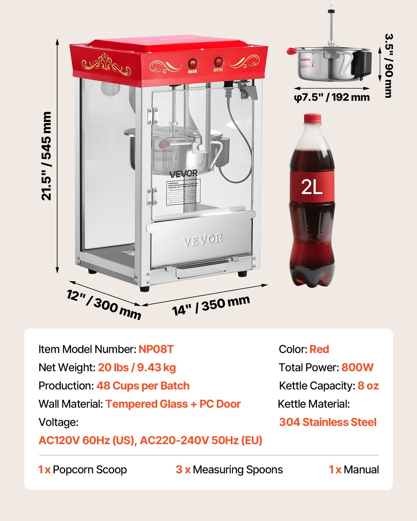 Popcornmaskin, 0,2 kg vattenkokare i rostfritt stål, 800 W popcornmaskin för kommersiell bänkskiva, 48 koppar per sats, popper i teaterstil, med 2-knappskontroll, glasvägg, PC-dörr, 1 skopa, 3 skedar, röd