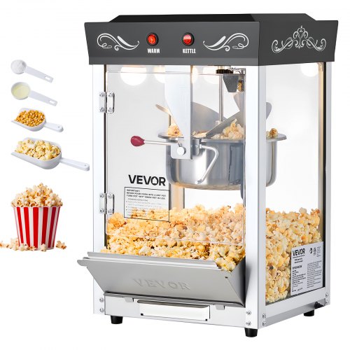 Popcornmaskin, 0,2 kg vattenkokare i rostfritt stål, 800 W popcornmaskin för kommersiell bänkskiva, 48 koppar per sats, popper i teaterstil, med 2-knappskontroll, glasvägg, PC-dörr, 1 skopa, 3 skedar, svart