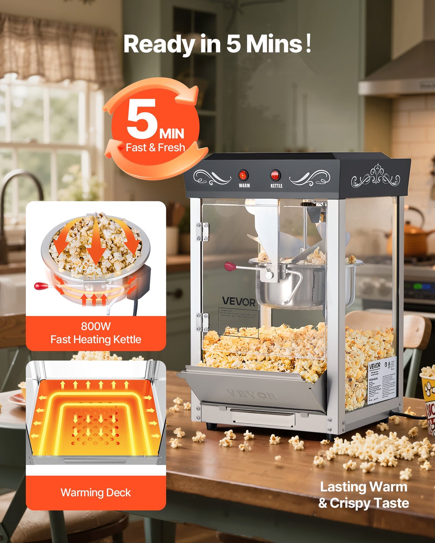 Popcornmaskin, 0,2 kg vattenkokare i rostfritt stål, 800 W popcornmaskin för kommersiell bänkskiva, 48 koppar per sats, popper i teaterstil, med 2-knappskontroll, glasvägg, PC-dörr, 1 skopa, 3 skedar, svart