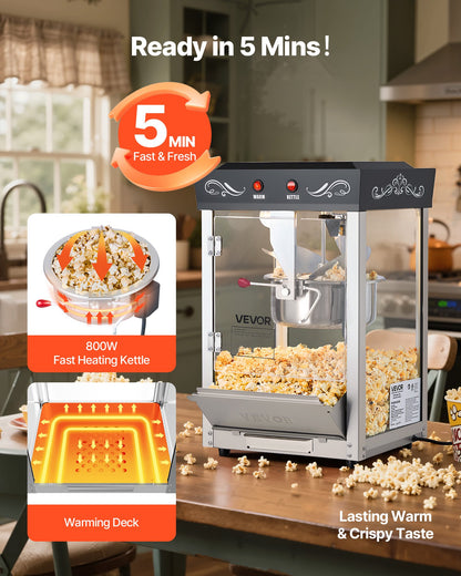 Popcornmaskin, 0,2 kg vattenkokare i rostfritt stål, 800 W popcornmaskin för kommersiell bänkskiva, 48 koppar per sats, popper i teaterstil, med 2-knappskontroll, glasvägg, PC-dörr, 1 skopa, 3 skedar, svart