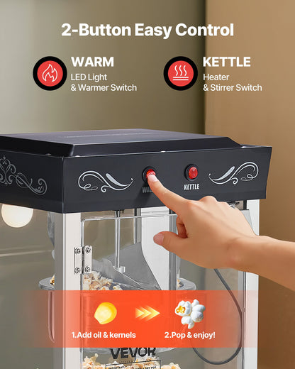 Popcornmaskin, 0,2 kg vattenkokare i rostfritt stål, 800 W popcornmaskin för kommersiell bänkskiva, 48 koppar per sats, popper i teaterstil, med 2-knappskontroll, glasvägg, PC-dörr, 1 skopa, 3 skedar, svart