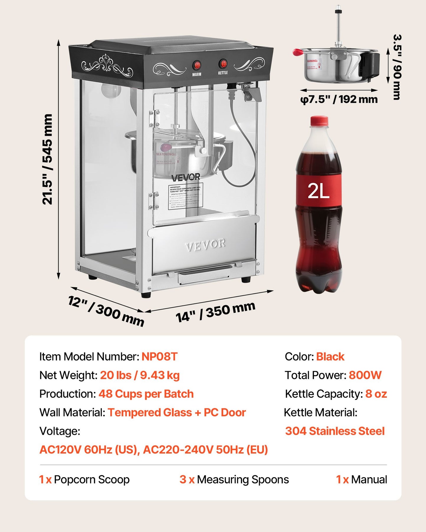 Popcornmaskin, 0,2 kg vattenkokare i rostfritt stål, 800 W popcornmaskin för kommersiell bänkskiva, 48 koppar per sats, popper i teaterstil, med 2-knappskontroll, glasvägg, PC-dörr, 1 skopa, 3 skedar, svart