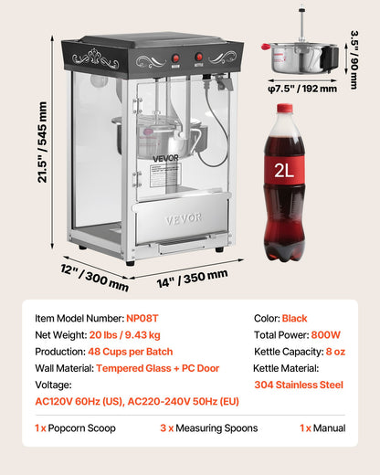 Popcornmaskin, 0,2 kg vattenkokare i rostfritt stål, 800 W popcornmaskin för kommersiell bänkskiva, 48 koppar per sats, popper i teaterstil, med 2-knappskontroll, glasvägg, PC-dörr, 1 skopa, 3 skedar, svart